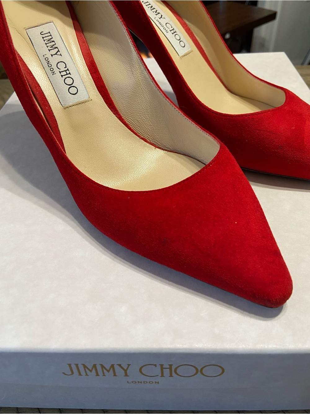Jimmy Choo Red Suede Pointed Pumps